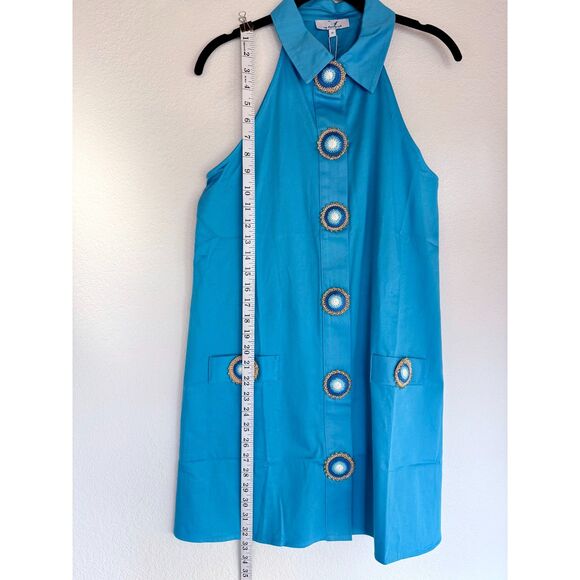 NWT My Beachy Side Amber Hand Crochet Buttons Halter Mini Dress in Blue Medium - Picture 15 of 16